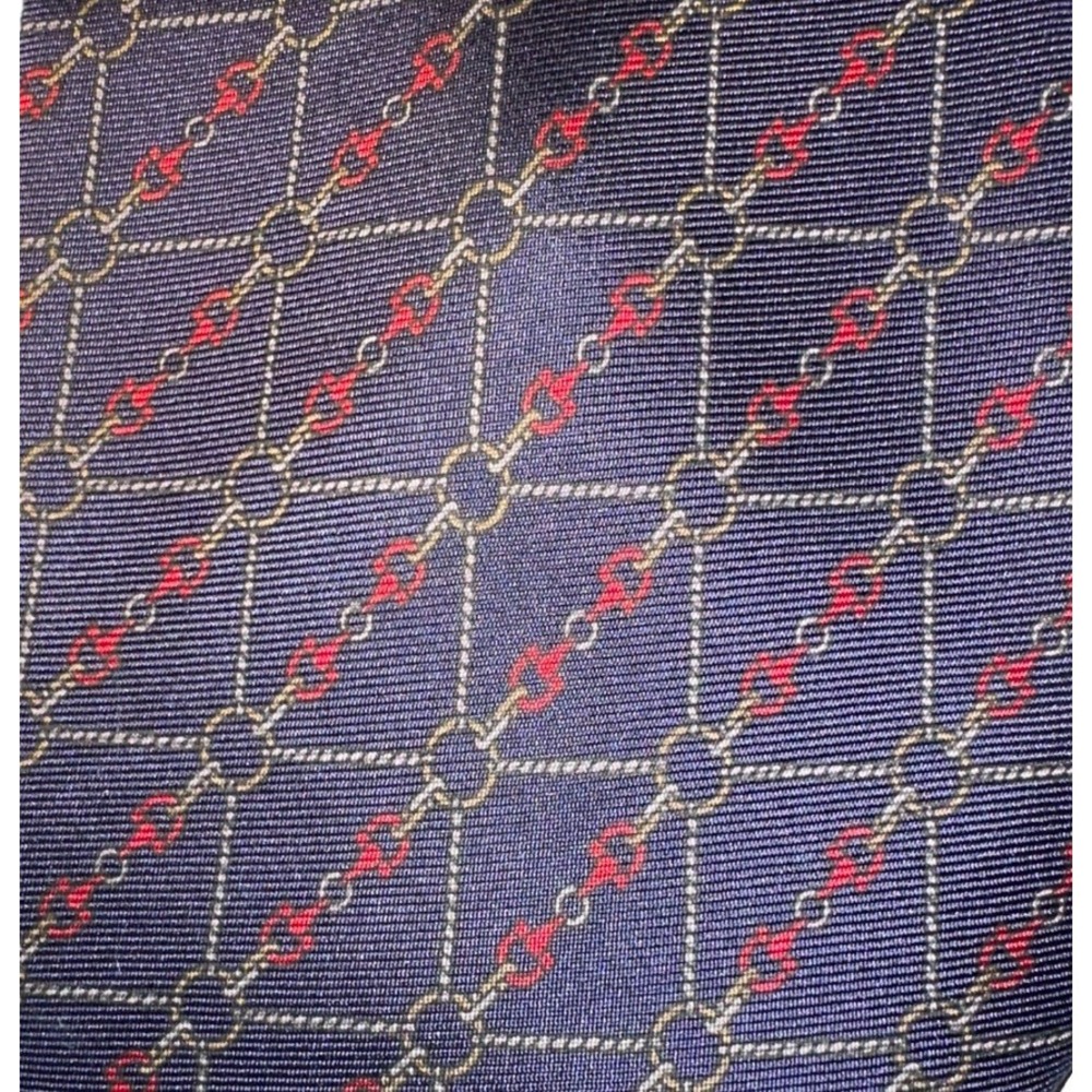 Lanvin Men's Silk Tie Navy Blue Gold Red Chain Link Equestrian Made In Italy 58"